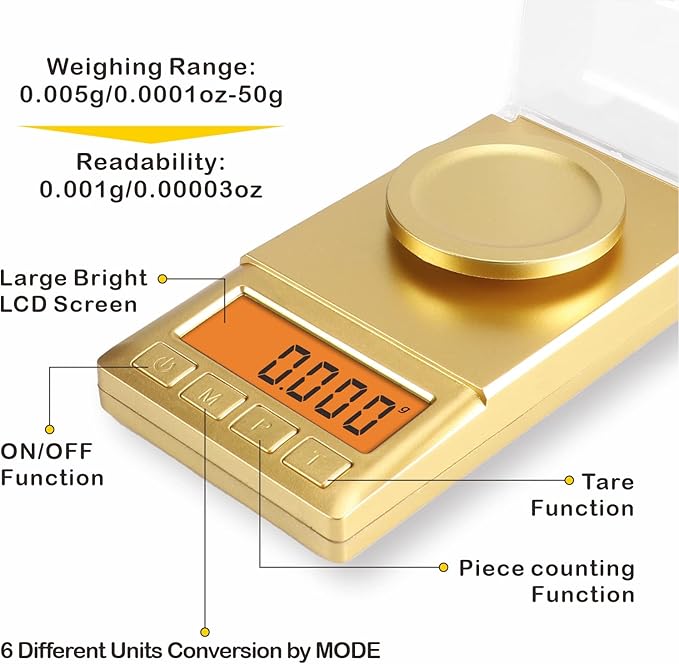 Milligram Scale 50g/0.001g,Portable Jewelry Scale with Cal Weight,LCD Backlit, Tare, High Precision Mini Carat Gram Scale for Powder Medicine,Jewelry,Gem,Reloading,Professional Smart Mg Scale