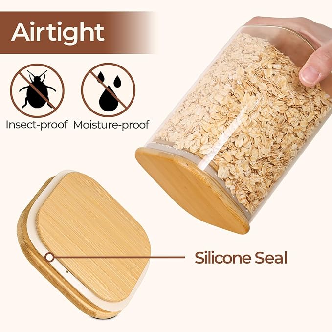 ComSaf 1.4 Qt Glass Storage Containers with Lids, Glass Jars with Lids, Clear Food Storage Jar, Square Canister Set of 3, Pantry Organizers and Storage for Flour Oat Pasta Tea Cookie Coffee Bean