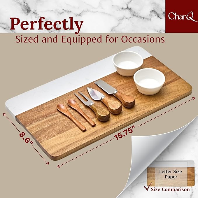 Marble Acacia Charcuterie Board Set (Premium Design Not Bamboo) – Cheese Platter Meat and Cheese Tray Medium Board for Small Gatherings Elegant Cheeseboard Gift