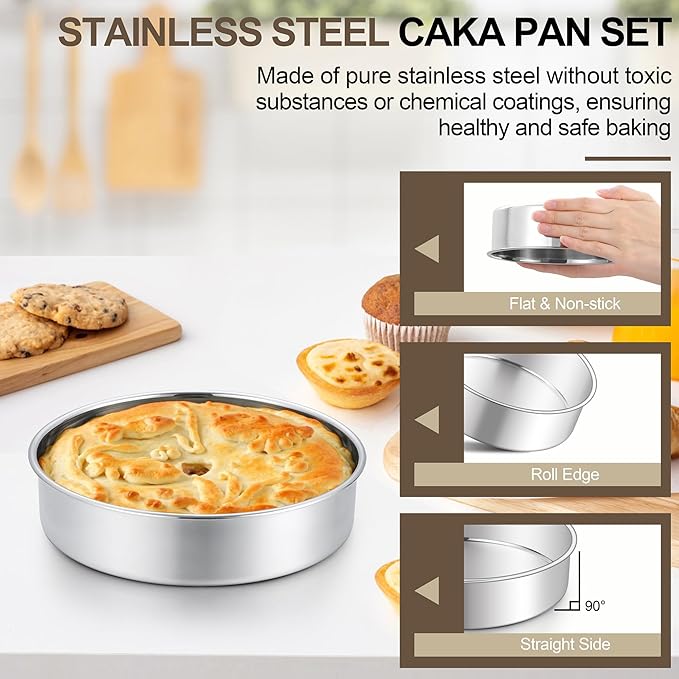 Homikit Round Cake Pan Set of 3, 9-Inch Stainless Steel Cake Tins Bakeware for Baking Layer Smash Birthday Cake，Oven, Pressure Cooker & Dishwasher Safe