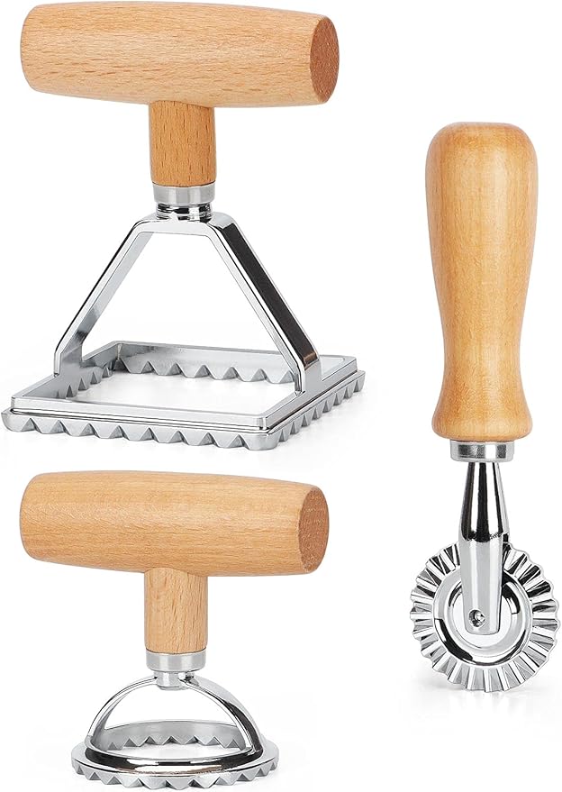 HULISEN Ravioli Cutter with Pasta Wheel Cutter, Ravioli Stamp Maker with Wooden Handle, Press Mold Kitchen Accessories, Gift Package(Set of 3)