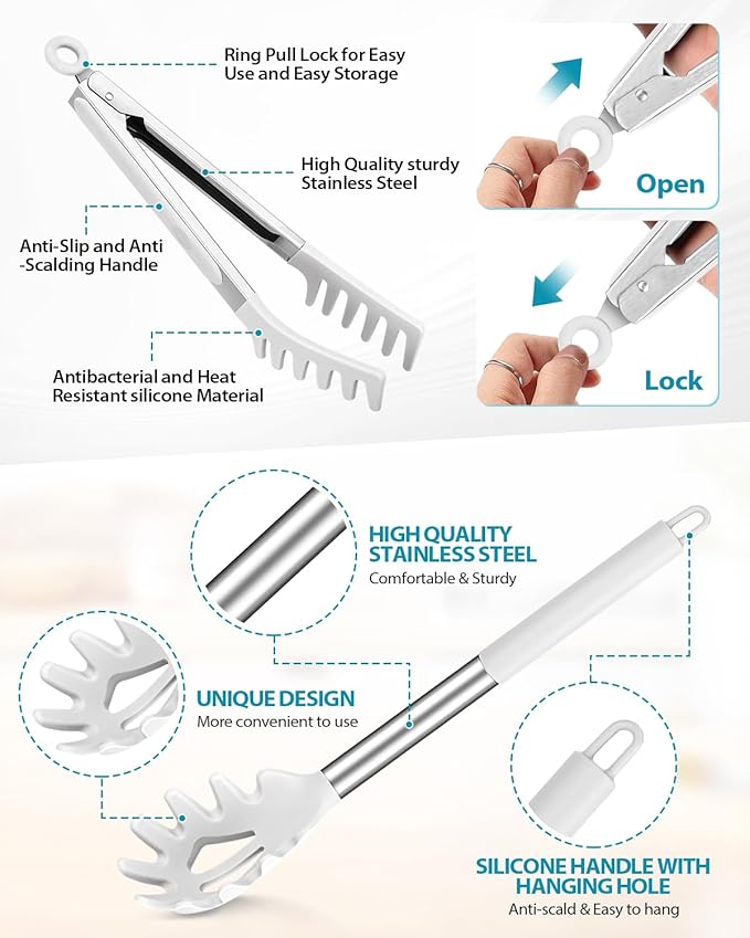 Spaghetti Spoon and Pasta Tong, Non-stick Silicone Spoon Server Fork with teeth and Stainless Steel Handle Spaghetti Tong, Food Clip for Spaghetti Noodle, White