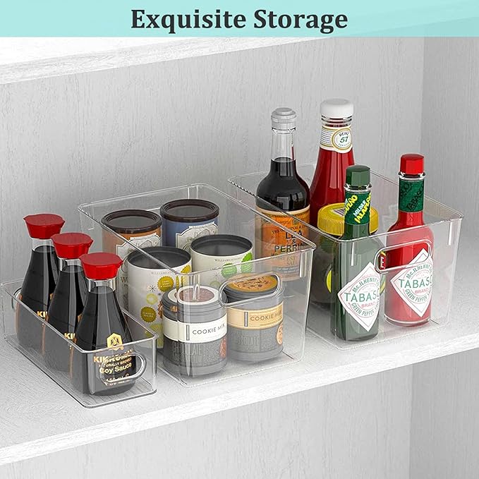 Fridge Organiser Set, Clear Plastic Storage Bins, 4 Pack Pantry Organizers & Storage Containers, Cabinet Organizer, Home Organization Must Haves for Kitchen, Laundry Room, Office, Closet & Freezer