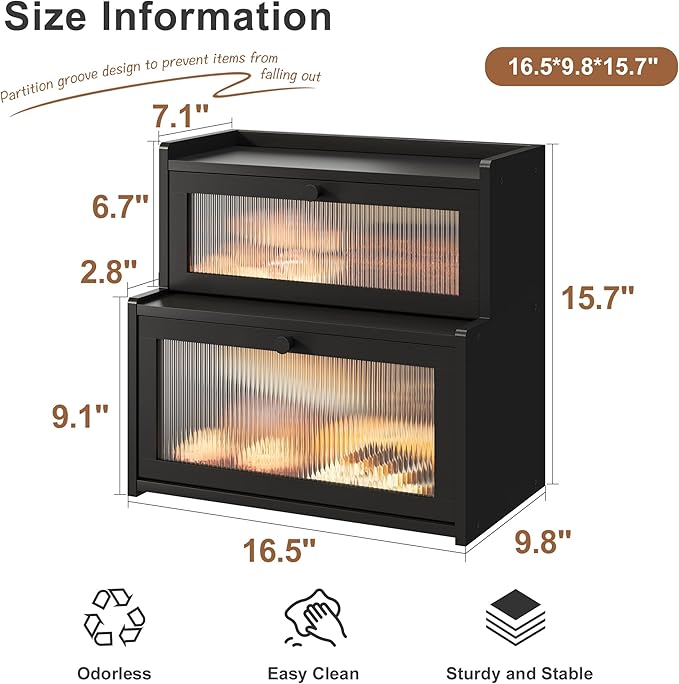 FILWH Bread Box for Kitchen Countertop Double Layer Large Corner Bread Box Capacity Bread Storage Bin Farmhouse Breadbox Container Organizer Cabinet Cupboard Black