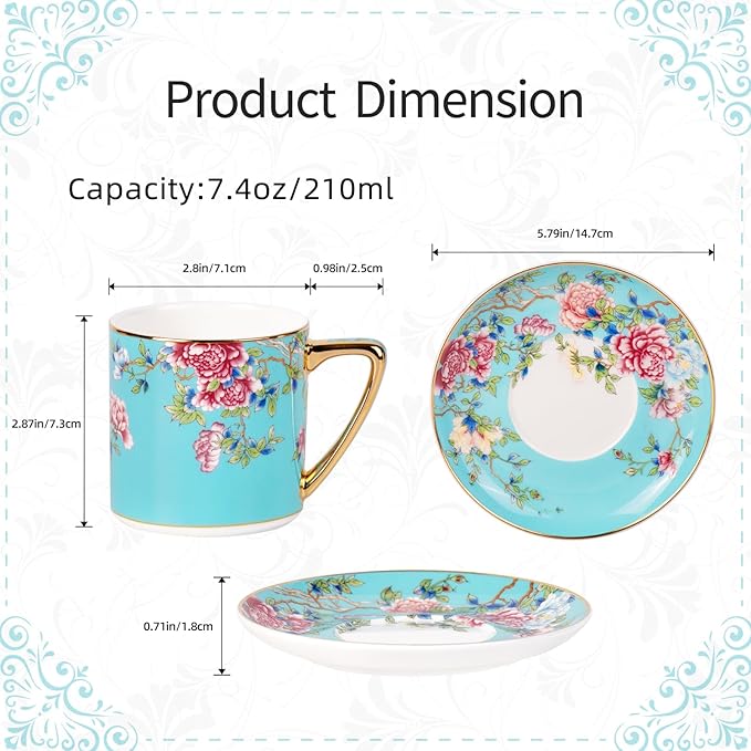 KAMMAK Tea Cups and Saucers Set of 2, Porcelain Coffee Cup with Saucer for Espresso, Cappuccino, 7.5oz Vintage Yellow and Blue Floral Ceramic Demitasse Mug for Home, Tea Party, Office