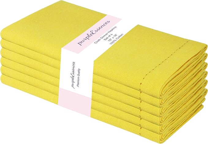 PurpleEssences Set of 6 Hemstitch Cloth Dinner Napkins 100% Cotton - Soft Durable Washable - Ideal for Wedding Christmas Holiday Winter - Perfect Everyday Use Table Linen 18x18 - Yellow