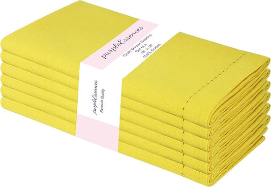 PurpleEssences Set of 6 Hemstitch Cloth Dinner Napkins 100% Cotton - Soft Durable Washable - Ideal for Wedding Christmas Holiday Winter - Perfect Everyday Use Table Linen 18x18 - Yellow