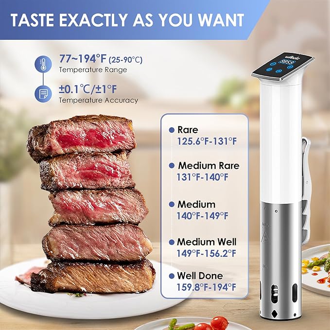 Wancle Sous Vide Machines, 1100 Watts Sous-Vide Cooker Immersion Circulator, IPX7 Waterproof, Quiet, Easy to Use for Home Chefs
