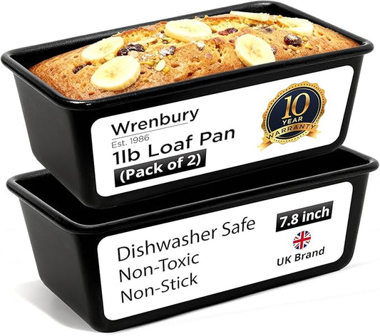 Wrenbury Pro 1lb Bread Loaf Pan 8x4 Set of 2 - Loaf Tins for Baking Non Stick - Toughened Heavy Gauge - Twin Pack - Banana Bread Loaf Pan
