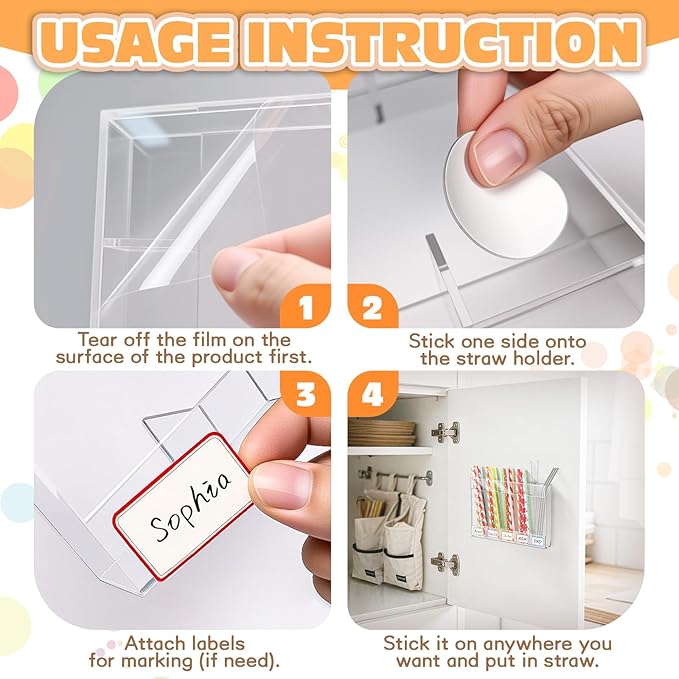 9.5" Acrylic Straw Holder with Double Sided Adhesive and Stickers,Reusable Straws Organizer Storage Dispenser for Counter Cabinet Cupboard Kitchen Door (Transparent)