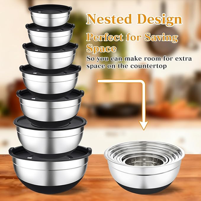 Unokit Mixing Bowls with Lids Set - 7 Pcs Stainless Steel Mixing Bowls with 3 Grater Attachments, Non-Slip Silicone Base Mixing Bowl Set for Kitchen