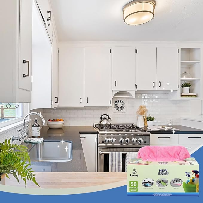 LIVOS 50 Pack Microfiber Cleaning Cloth in Box, Reusable Cleaning Rags, 11.5"x11.5", Edgeless Microfiber Wipes, Lint Free, Absorbent Shop Towels for Kitchen, Car, Glass (Pink)