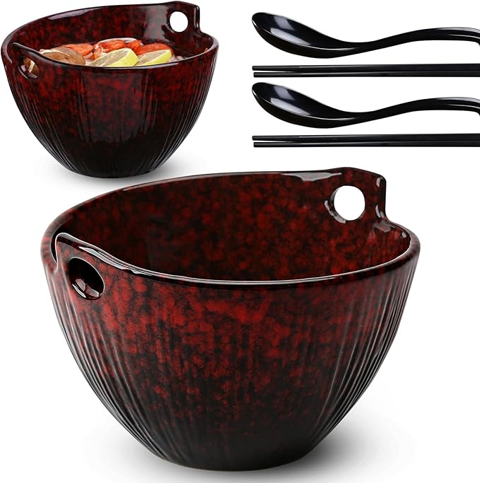 Ramen Bowl with Chopsticks and Spoons, Ceramic Set of 2, Dishwasher Safe for Pho Udon Soba Noodle Salad Pasta, Special Reactive Glazed Crimson Bowls Set