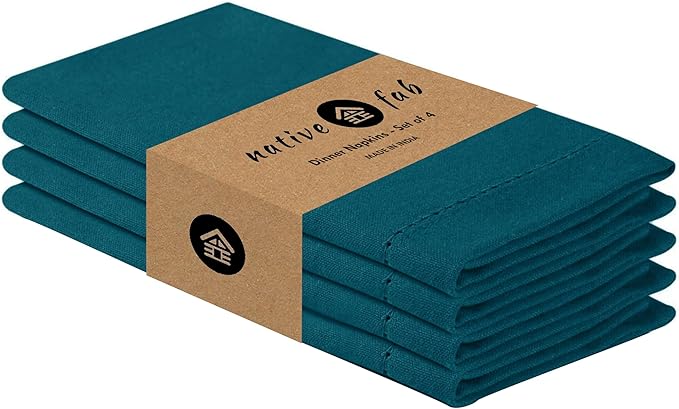 Native Fab Cloth Napkins Set of 4, 100% Cotton, Hemstitch Mitered Edges, Washable Fabric Napkins, 18x18 inch, Soft, Breathable, Reusable Hotel Quality Napkins for Events, Party, Dinner - Teal Green