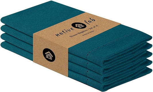 Native Fab Cloth Napkins Set of 4, 100% Cotton, Hemstitch Mitered Edges, Washable Fabric Napkins, 18x18 inch, Soft, Breathable, Reusable Hotel Quality Napkins for Events, Party, Dinner - Teal Green