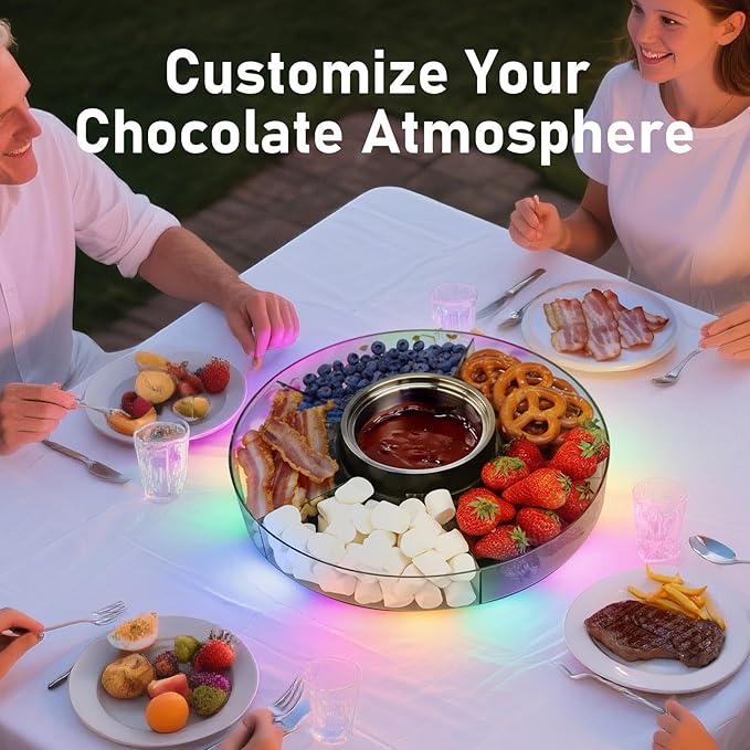 FEPPO Cordless Electric Fondue Pot Set with Mood Light - 7 Roulette Cards & Detachable Serving Tray, 13.5 oz Chocolate Melting Machine, Ideal Gift for Holiday, Family, Parties & Camping