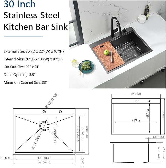 30 Inch Black Drop In Kitchen Sink, Doirteal 30x22 Inch Black Workstation Sink Topmount 16 Gauge Stainless Steel Single Bowl Kitchen Sinks BL19S-1