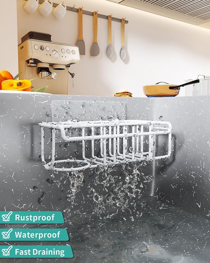 HapiRm Sponge Holder for Kitchen Sink, No Drill Kitchen Sink Caddy Organizer, Rustproof and Waterproof Dish Sponge Holder - White(8.65 * 3.54 * 2.36 in)