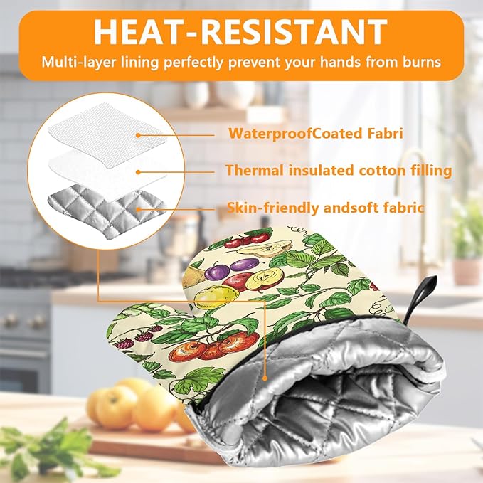 Fruit Oven Mitts and Pot Holders Sets 4Pcs,Extra Long Oven Gloves Potholder for Kitchen Cooking Baking BBQ 100% Cotton Heat Resistant