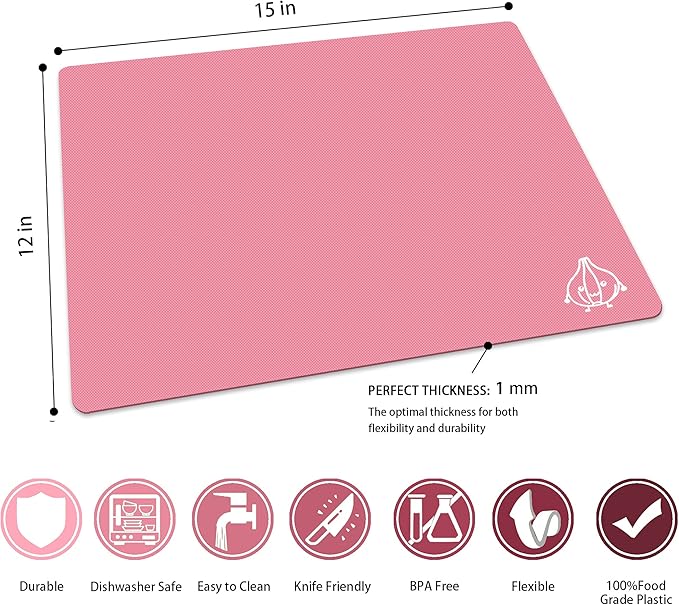 ZVP Plastic Cutting Boards for Kitchen, Flexible Cutting Mats, Gradient Pink Chopping Boards with Food Icon, Non-Slip, Non Porous, BPA Free, Dishwasher Safe