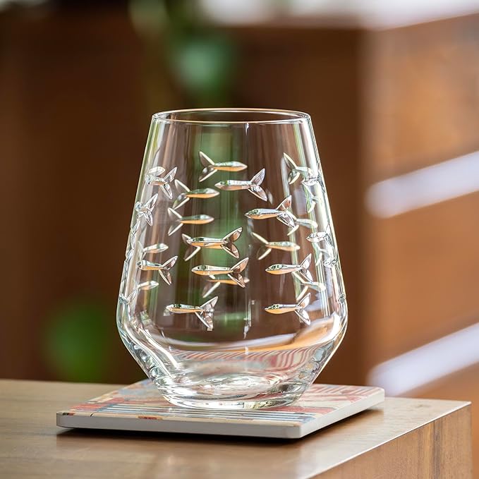 Rolf Glass | School of Fish Stemless Tumbler | 18oz Stemless Wine Glasses | Lead-Free Glass | Engraved and polished in Pennsylvania | US made (Set of 2)