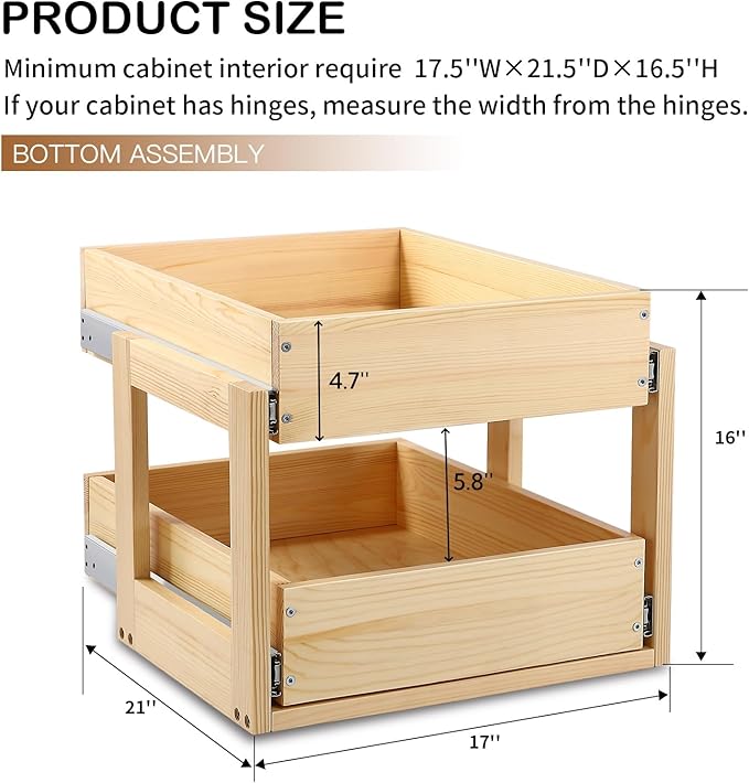 Pull Out Cabinet Organizer, 17''W×21''D×16''H Soft Close Slide Out Wood Drawer Shelves Storage for Kitchen, 2-Tier, Finished, Heavy-Duty, Bottom Assembly