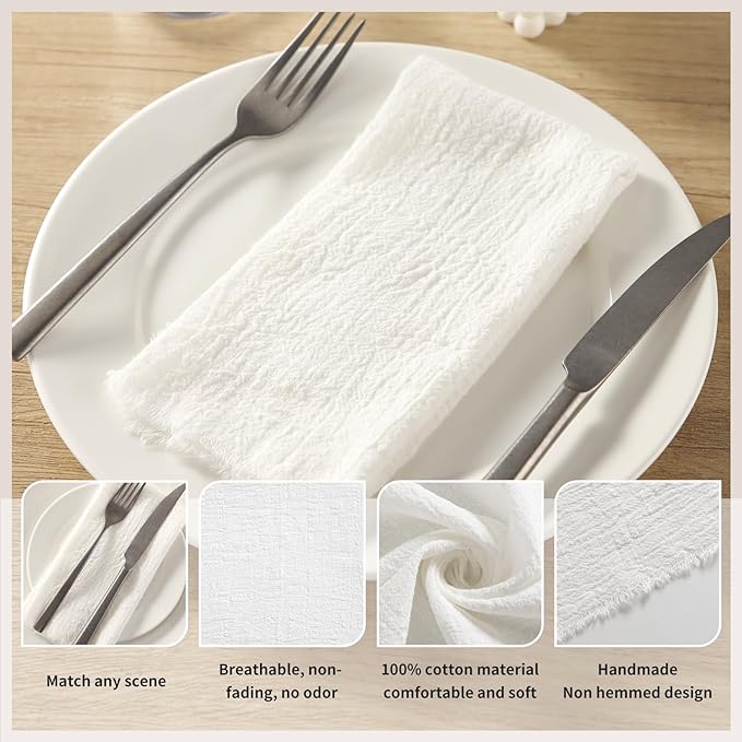 Handmade Cloth Napkins with Fringe, 100% Cotton Napkins, Delicate Handmade Linen Napkins for Dinners, Parties, Weddings and More, 17 x 17 Inch Set of 12 - White