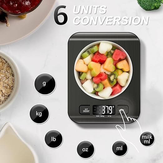 Food Scale, 11lb Kitchen Scale with 6 Units Tare Function & LCD Display, 0.05oz/1g Stainless Steel Digital Food Scale Grams and Ounces for Baking, Cooking, Dieting and Meal Prep (Black)