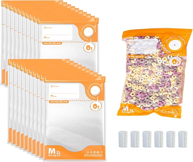 Sous Vide Bags Reusable, BPA Free Food Vacuum Sealer Bag, Vacuum Zipper Bag, 20pcs food storage bags & 4 Seal Clips (8x 12 Inch) Portable Vacuum Sealer Set for Travel, Fresh&Save Meal Prep