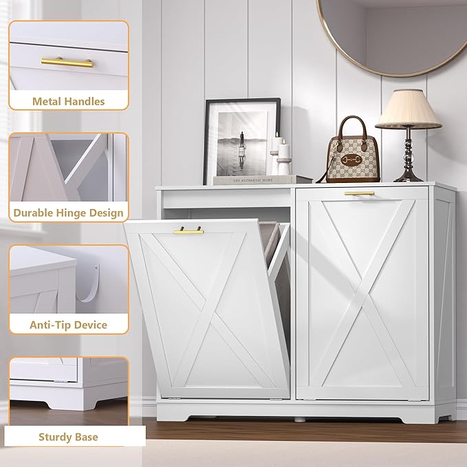 Tilt Out Trash Can Cabinet for 2 Bins, Hidden Recycle Garbage Bin Enclosure, Wooden Double Laundry Cabinet with Odor Control, Negative Ion & Ozone, for Kitchen, Bathroom, Laundry Room