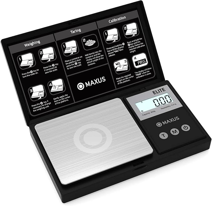 MAXUS Digital Pocket Gram Scale 500g x 0.01g High Precision with Tray, Weighs Small Food, Jewelry, Ounces, Grains, LCD Display, Tare Function