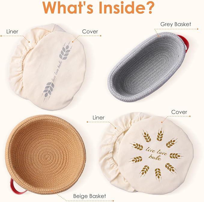 Banneton Bread Proofing Basket, Oval And Round Sourdough Proofing Baskets, Cotton Rope Bowls, Sourdough Baking Supplies Set with Liners Covers