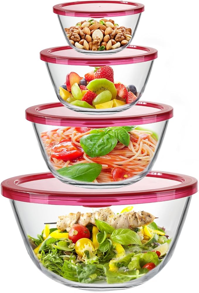 KOMUEE Glass Mixing Bowls with Lids Set, 4-Piece Nesting Kitchen Bowls for Salad, Serving, and Baking, Oven Safe Glass Bowl