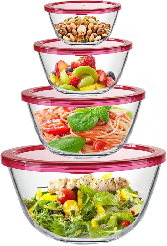 KOMUEE Glass Mixing Bowls with Lids Set, 4-Piece Nesting Kitchen Bowls for Salad, Serving, and Baking, Oven Safe Glass Bowl
