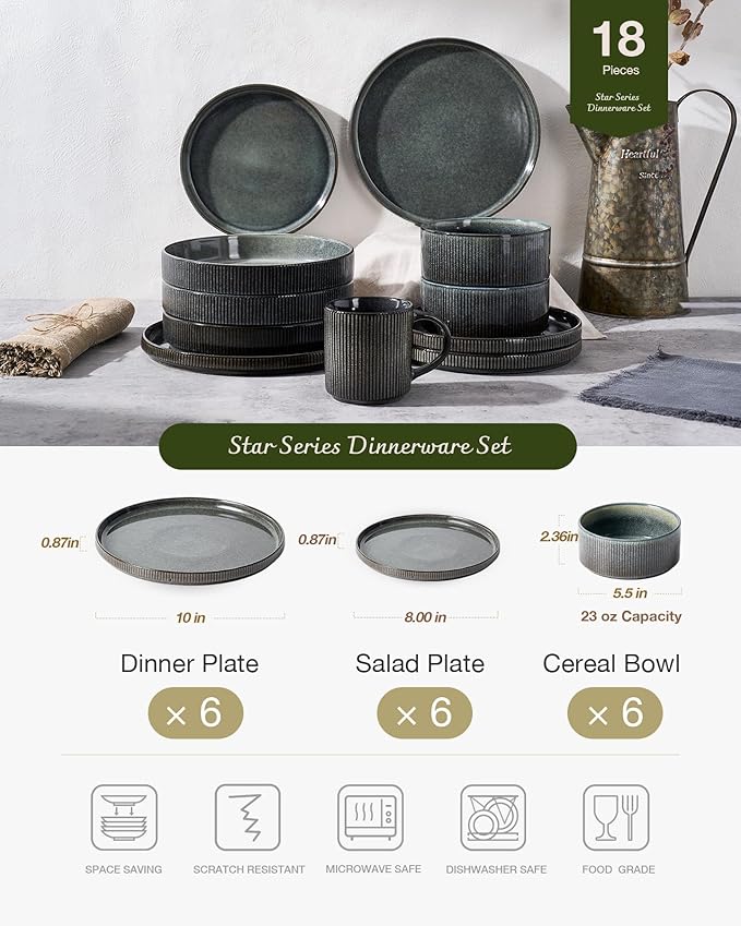 famiware Star Dinnerware Set, Plates and Bowls Sets for 6 (18pcs), Ribbed Stoneware Dishes - Chip & Scratch Resistant, Microwave & Dishwasher Safe Kitchenware, Deep Forest