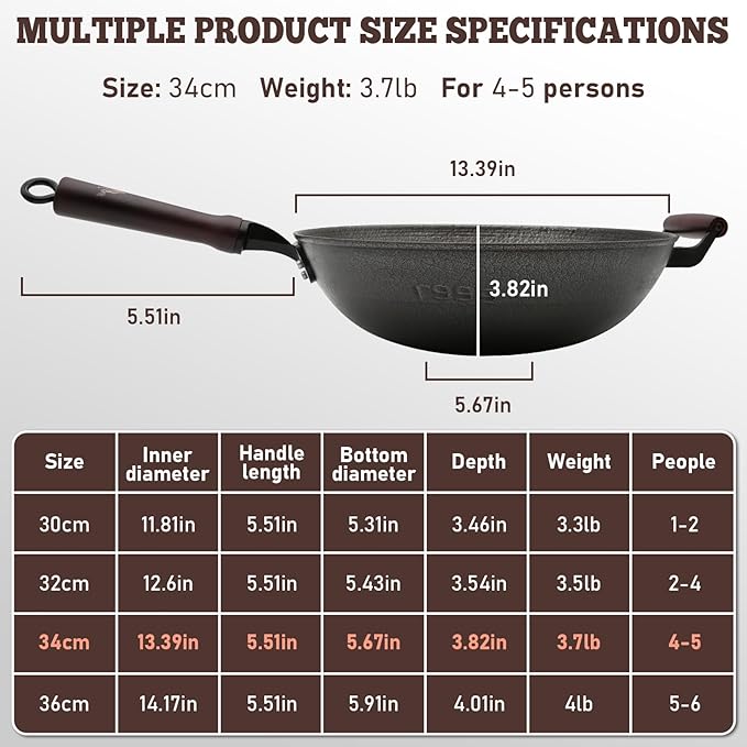 HONGJIANG Cast Iron Wok Pan, 13.4" Pre-Seasoned Flat Bottom Wok,Coating-Free Wok Stir Fry Pan With Glass Lid,Compatible Traditional Chinese Wok For Induction, Electric, Gas,Open Fire