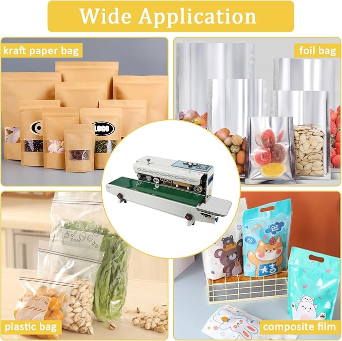 Continuous Band Sealer FR900K - Automatic 110V Horizontal Sealer with Digital Temperature Control for Commercial PP Aluminum Foil PVC Plastic Bags