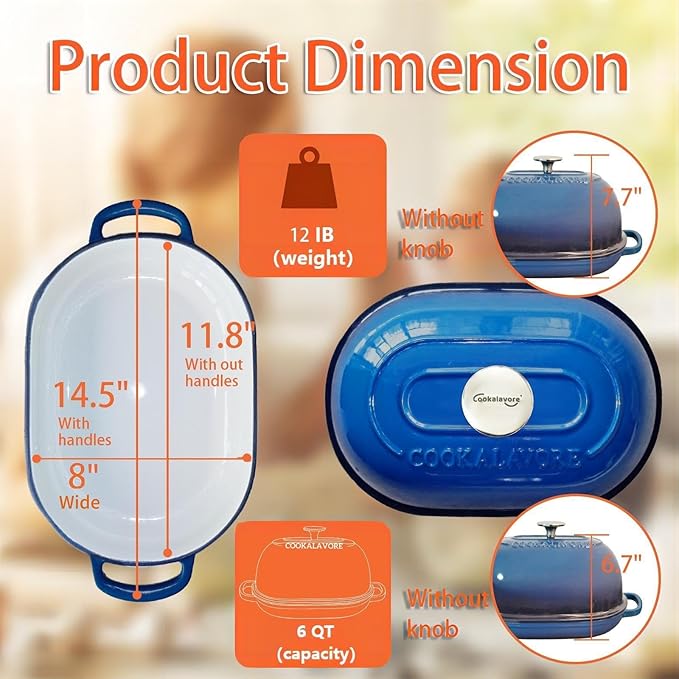 Cast Iron Bread Oven,6 QT Bread Oven,Thick Enameled Loaf Pan with Lid,Bread Pans for Homemade Bread,14.5"Dutch Oven for Bread Baking,Dutch Oven-with Silicone Baking Mat&Recipe,Gifts for Family,Blue