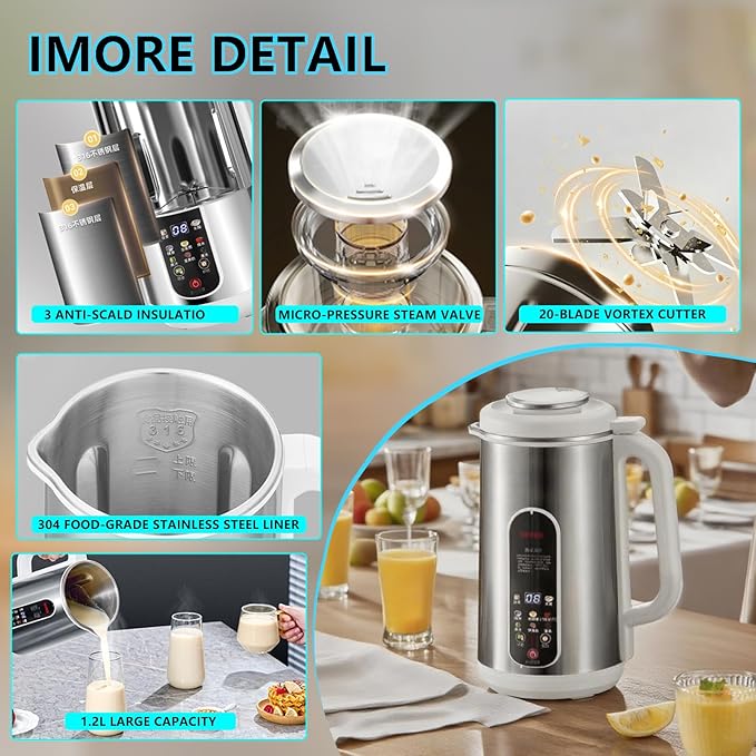 8 in 1 Nut Milk Maker Machine, Stainless Steel Automatic Nut Milk Maker, Delay Start & Keep Warm & Boil Water & Low Noise & Self-Clean, Soy Milk Maker for Almond, Oat, Juice, Coconut