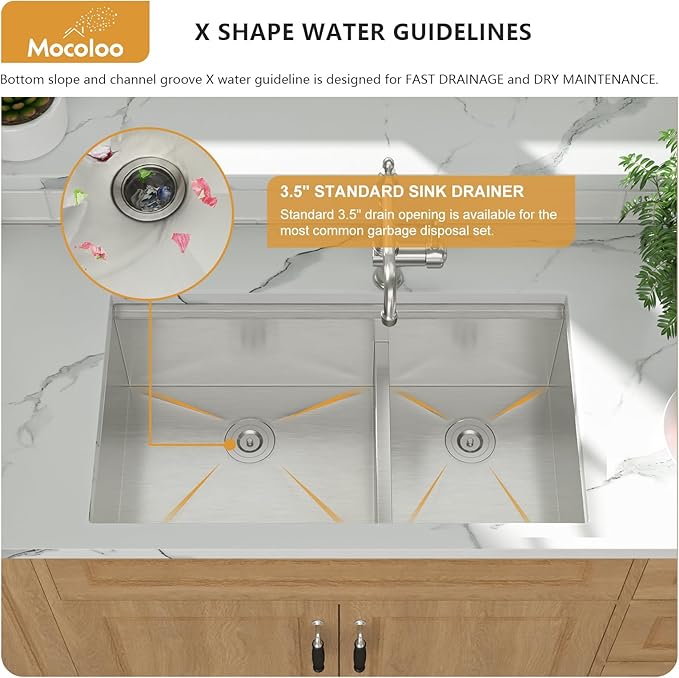 Mocoloo Double Bowl Kitchen Sinks - 60/40 Undermount Double Bowl 16 Gauge Low Divide Workstation 33 x 19 Inch Stainless Steel Kitchen Sink Handmade, 10'' Deep Basin
