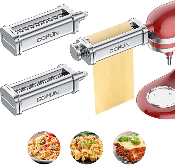 Pasta Attachment for KitchenAid Stand Mixer, 3 Piece Pasta Making Kit Including Pasta Roller, Cutter for Authentic Spaghetti and Fettuccine Sheets, Durable Noodle Accessories by Cofun