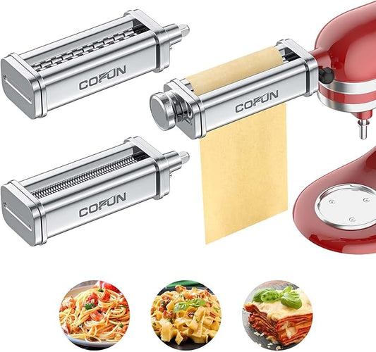 Pasta Attachment for KitchenAid Stand Mixer, 3 Piece Pasta Making Kit Including Pasta Roller, Cutter for Authentic Spaghetti and Fettuccine Sheets, Durable Noodle Accessories by Cofun