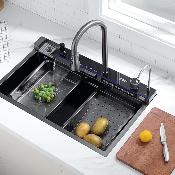 Lefton 33"x22" 304 Stainless Steel Kitchen Workstation Sink with Pull-down Faucet, Waterfall & Rainfall Outlet, Drain Basket, Metal tray, and Cutting Board, Temperature Display, Grey, KS2206L