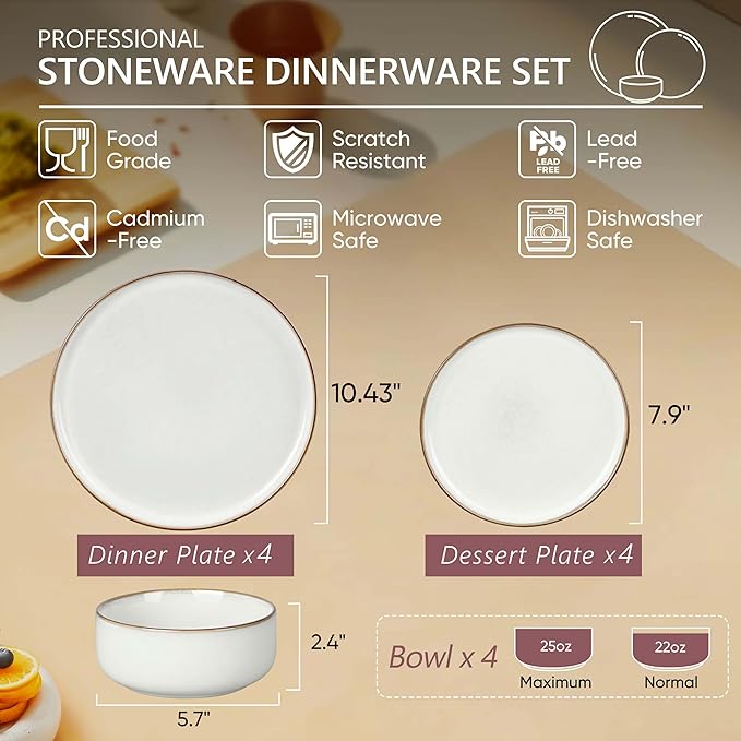 Herogo 12 Pieces Stoneware Dinnerware Dishes Set for 4, Kitchen Dining Plates and Bowls Sets, Double Reactive Glaze, Microwave & Dishwasher Safe, Scratch Resistant, Ivory White & Cream Khaki