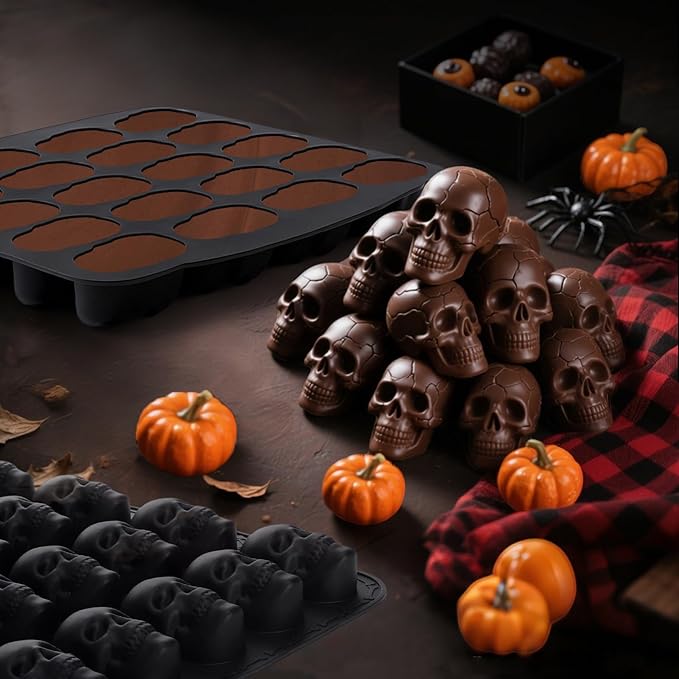 Skull Mold for Food with 20 Cavity, 3D Skull Baking Pan, Non-Stick Halloween Silicone Mold for Chocolate Cake Ice Cubes Halloween Decoration