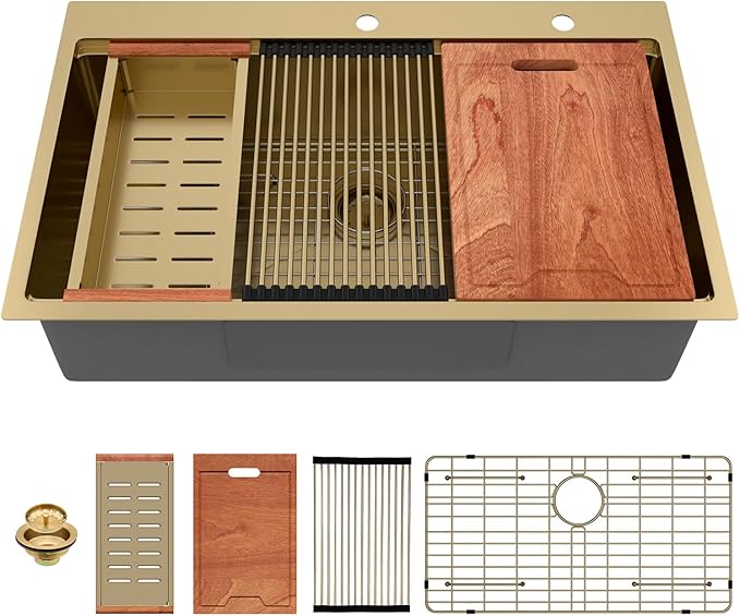 Lordear 36 Inch Gold Kitchen Sink Drop In Workstation Brushed Gold Stainless Steel 16 Gauge Single Bowl Handmade Topmount Kitchen Sink with Cutting Board