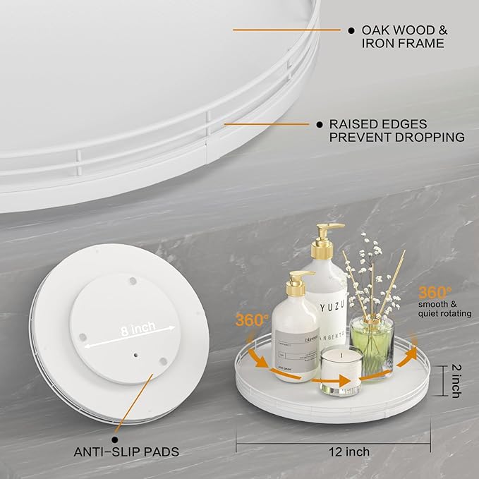 12" Oak Wood Bathroom Tray for Counter, Vanity Tray for Perfume Lotion Candle Makeup Jewelry Sink Soap Holder Turntable Dresser Organizer Countertop Coffee Table Decor Organization and Storage White