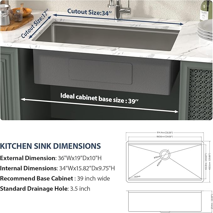 Lordear 36 Inch Undermount Kitchen Sink Stainless Steel 16 Gauge Workstation Single Bowl Handmade Kitchen Sinks Basin Under Counter, 36X19X10 Inch