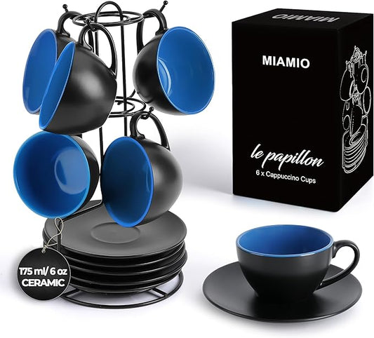 MIAMIO - Set of 6, Ceramic Stackable Cappuccino Cups Set / 6 Ounce Cappuccino Mugs and Saucer with Metal Stand for Coffee Drinks, Cafe, Latte, Americano and Tea - Le Papillon Collection (Blue)