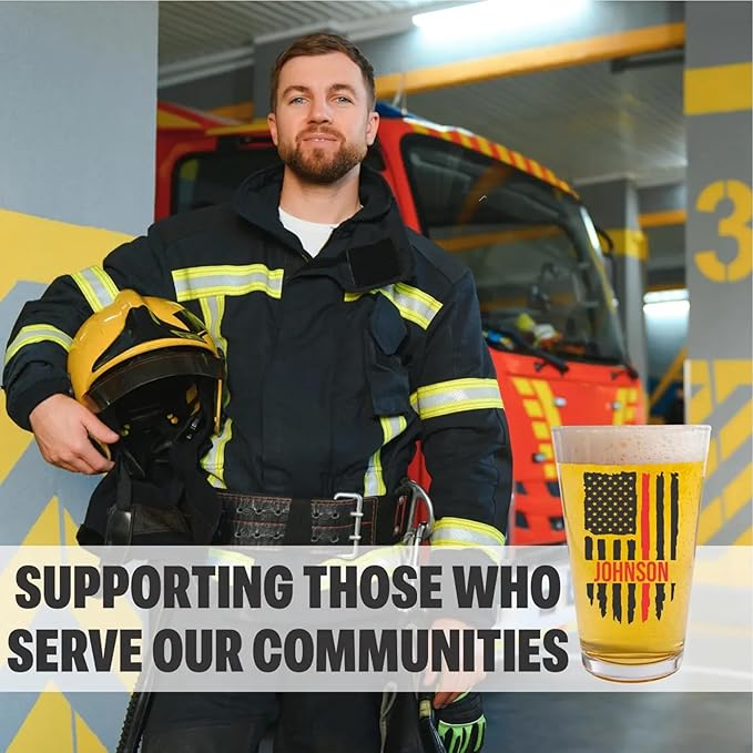 Blue Ridge Mountain Gifts - Thin Red Line Pint Glass - Personalized Firefighter Glass, Fireman Flag & Appreciation, Back the Red, Fire Academy Gift, Personalized Father's Day Gift First Responders